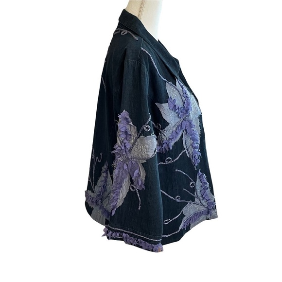 Bleu Bayou Dark Blue Embellished Open Jacket with Flower Appliques Art to Wear L - Picture 6 of 12